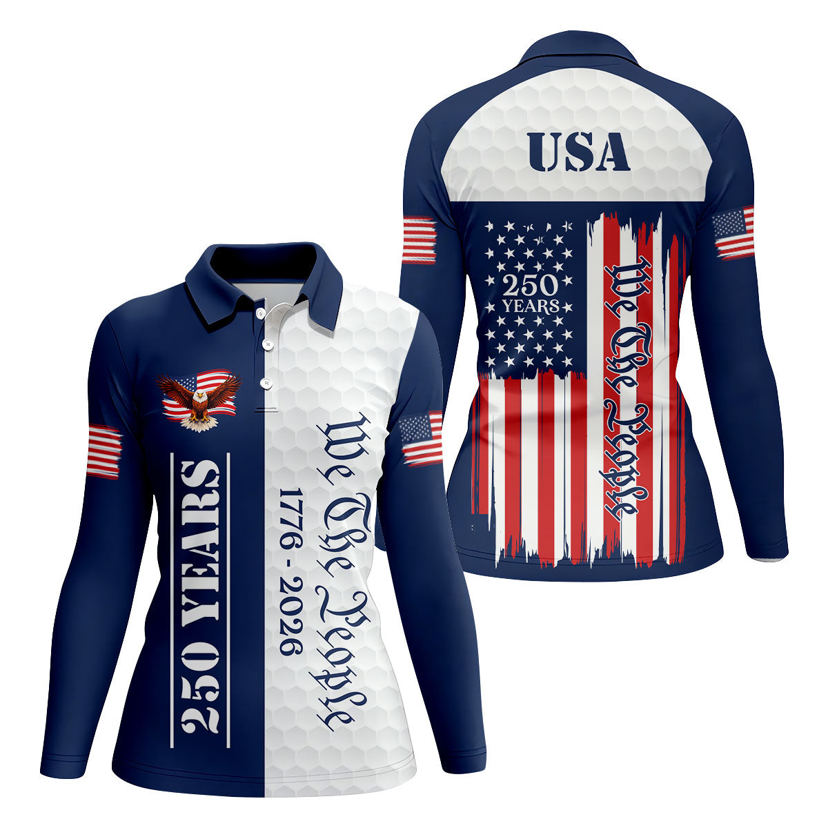 We The People Bald Eagle US Flag Golf Ball Pattern 250 Years Patriotic 4th Of July Golf Shirt For Women