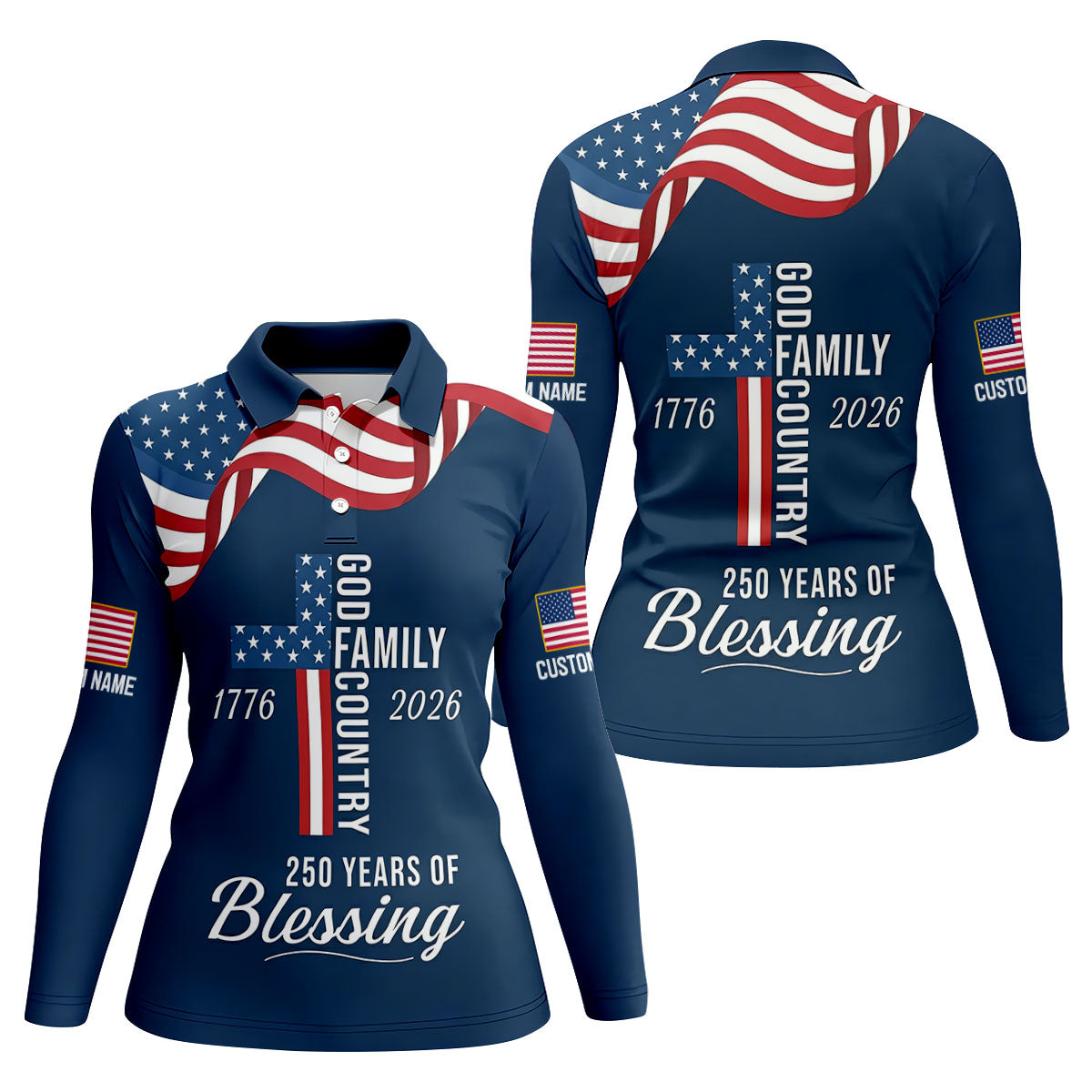 God Family Country Faith Cross 250 Years Of Blessing US Flag Golf Shirt, Golf Shirt For Women
