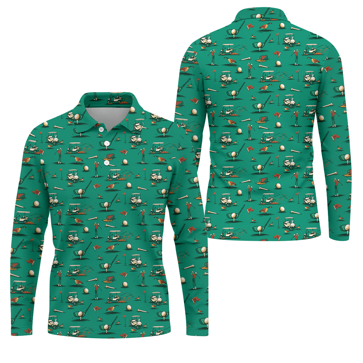 Funny Goose Golf Cart Pattern Green Polo Shirt, Men's Golf Shirt, Mens Golf Apparel