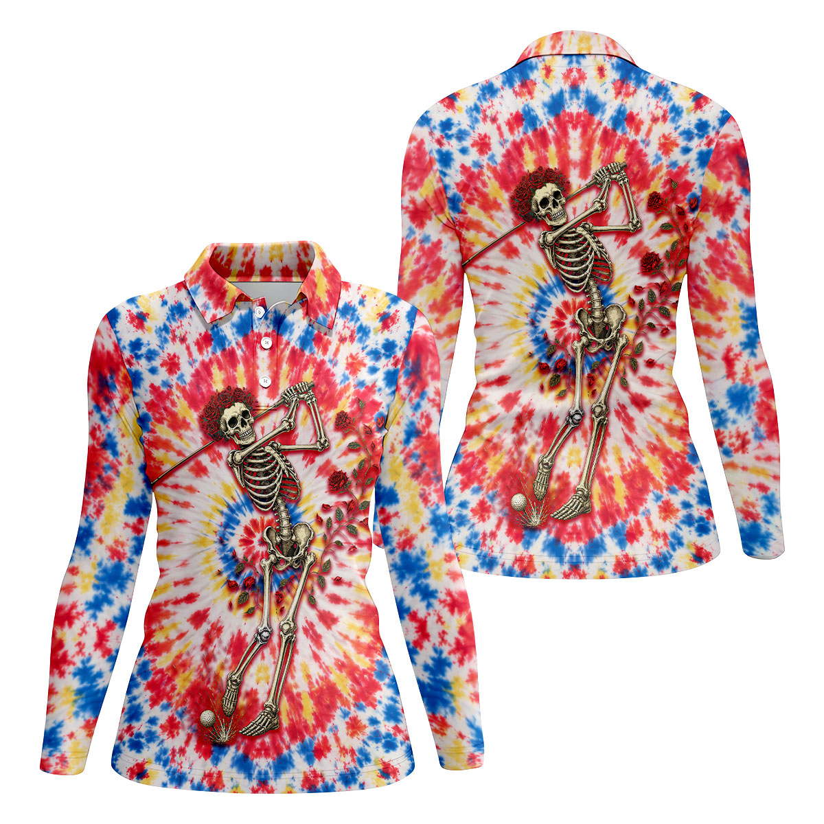 Skeleton Golfer Tie Dye Polo Shirt, Women's Golf Polo, Golf Shirts For Women