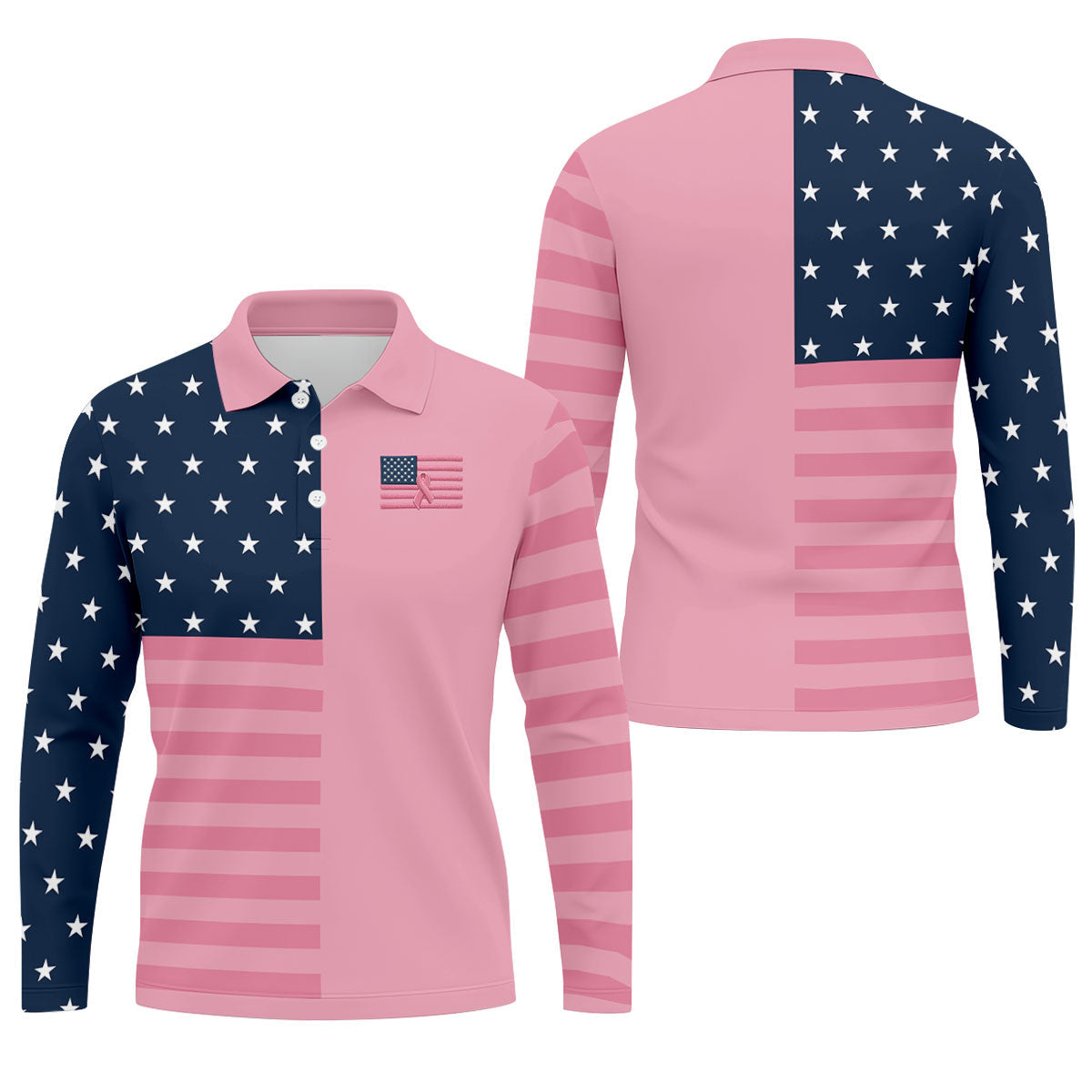 Printed Pink USA Flag Breast Cancer Polo Shirt, Polo Shirts For Men, Printed Golf Shirts