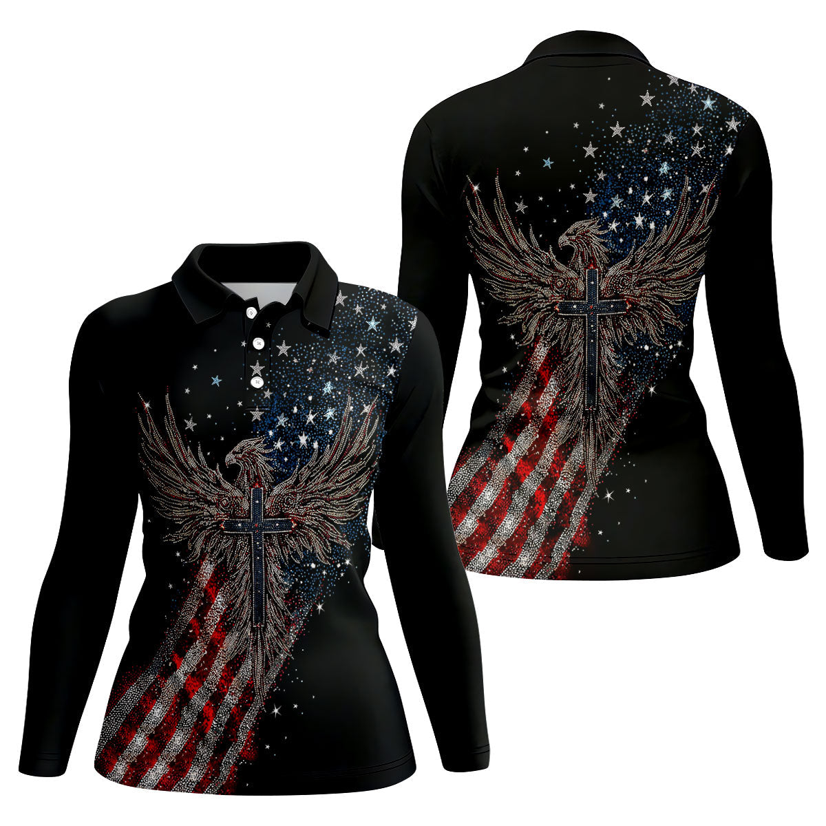 Faith Cross Patriotic Eagle Rhinestones Pattern 4th Of July Golf Shirt, 250 Years Golf Shirt For Women