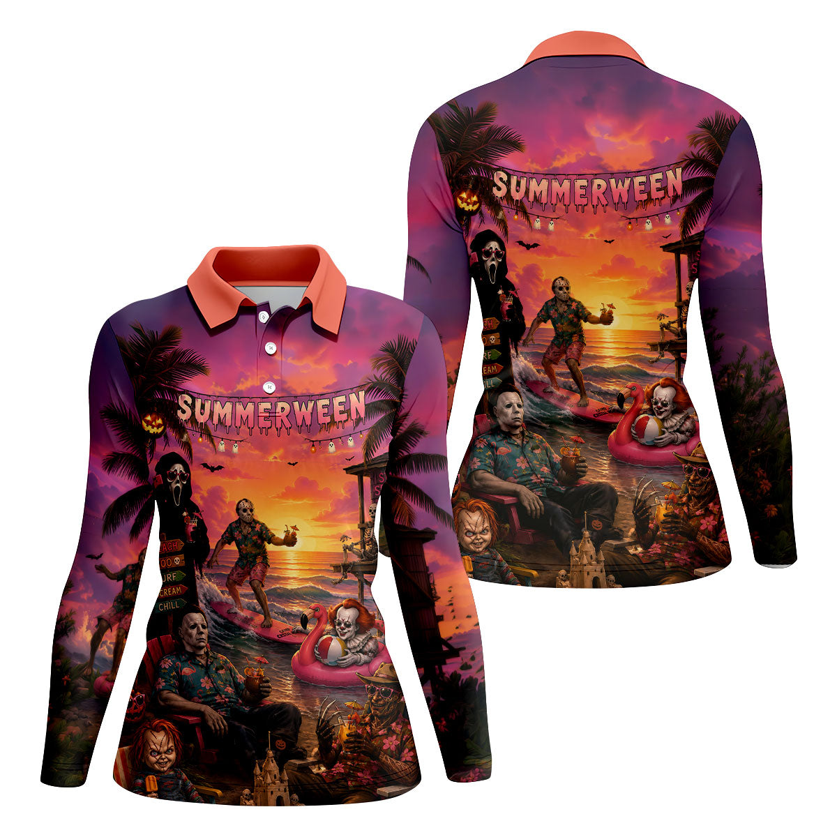 Summerween Halloween Horror Character Golf Shirt, Golf Shirts For Women, Printed Golf Shirt