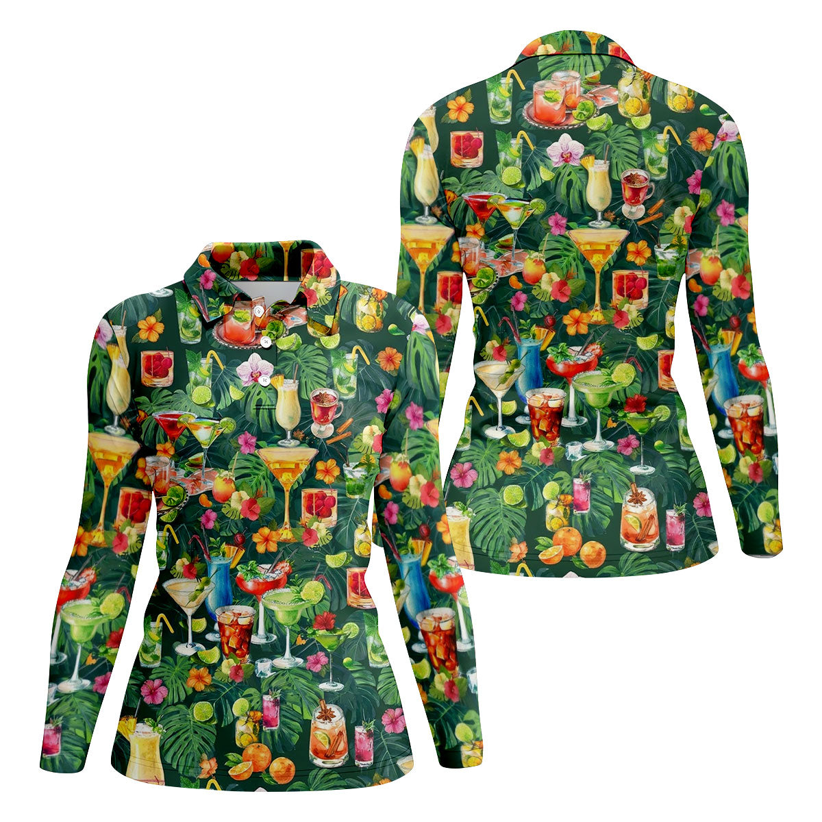 Tropical Cocktail Drinks And Floral Paradise Golf Polo, Hawaiian Golf Shirt, Ladies Golf Tops
