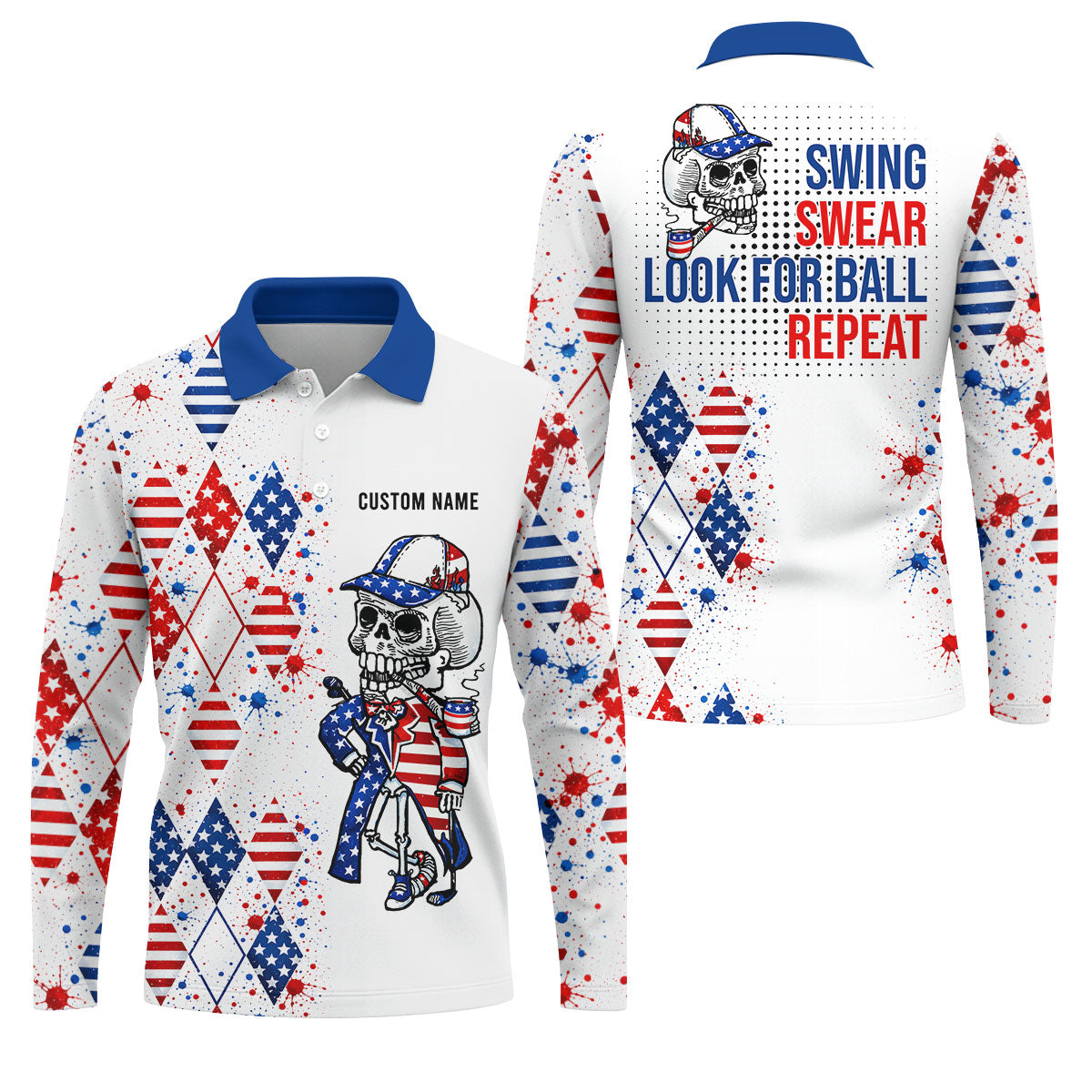 Swing Swear Look For Ball Repeat Red White Blue Argyle Golf Shirt, 250 Years Golf Shirts For Men