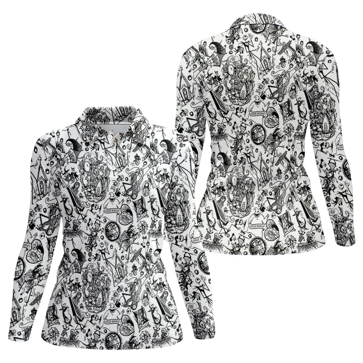 Doodle Horror Character Halloween Polo Shirt, Golf Tops For Women, Women's Golf Shirt