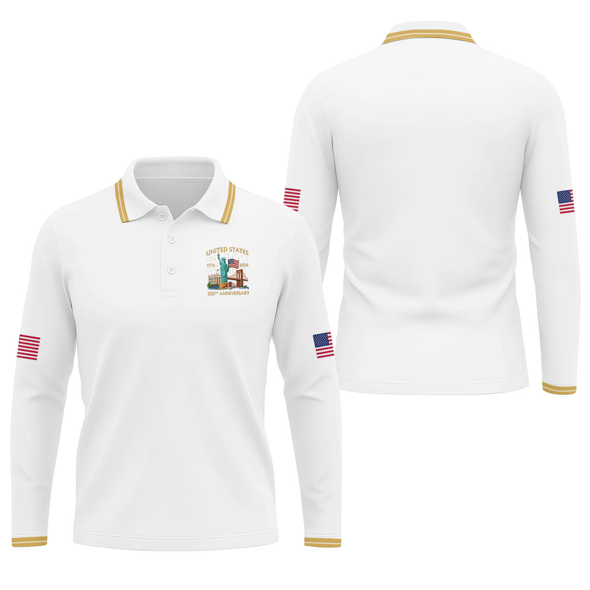 American Symbols White Patriotic Golf Shirt, US 250 Years 4th Of July Golf Shirts For Men