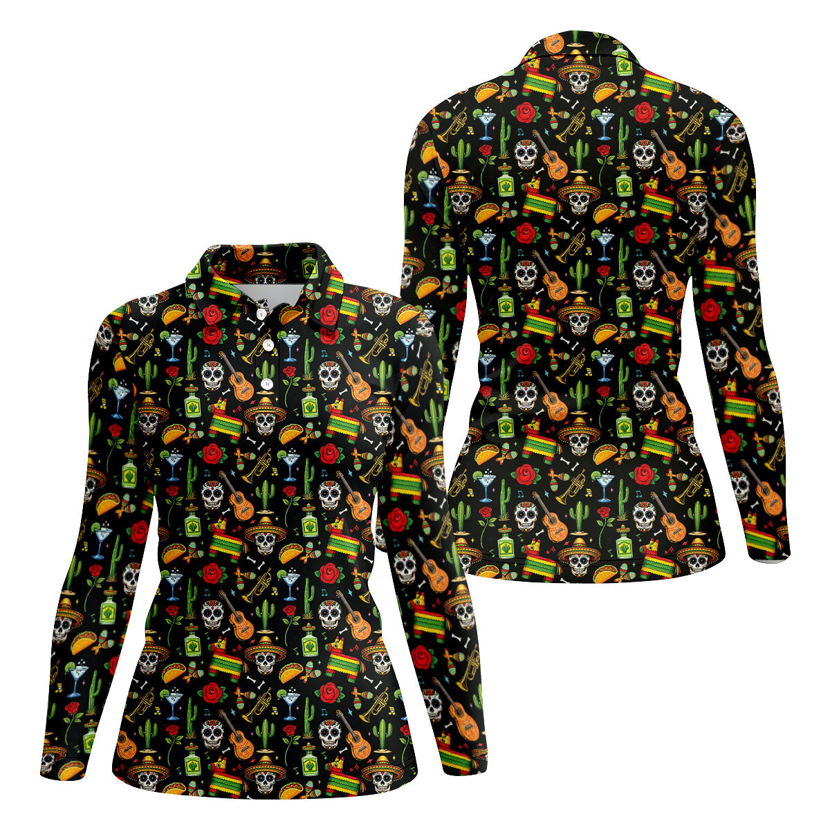 Decorated Skulls Party Items Cinco De Mayo Celebration Fiesta Themed Black Golf Shirt For Women