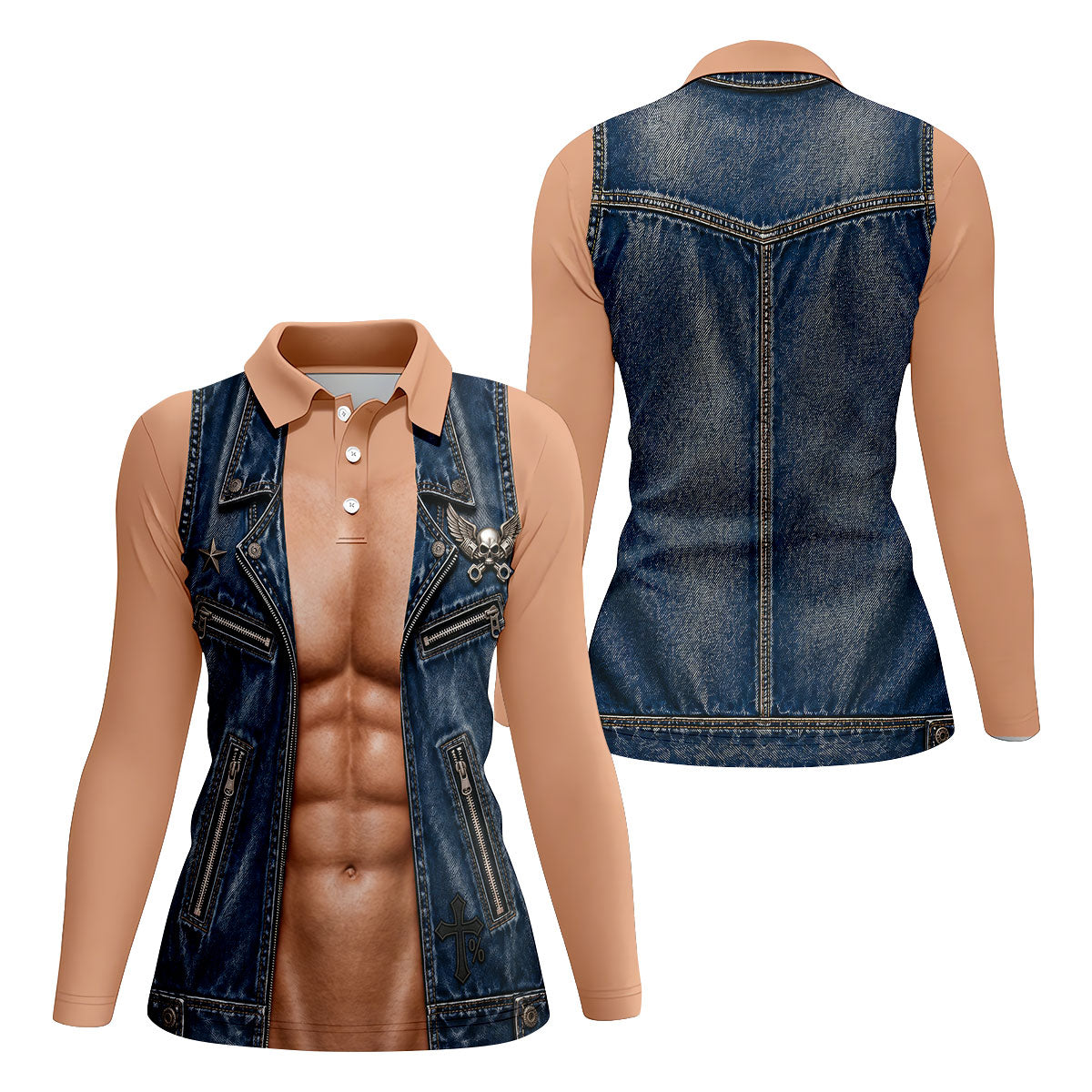 Blue Denim Vest Illusion Golf Polo Shirt, Ladies Golf Tops, Golf Polo For Women