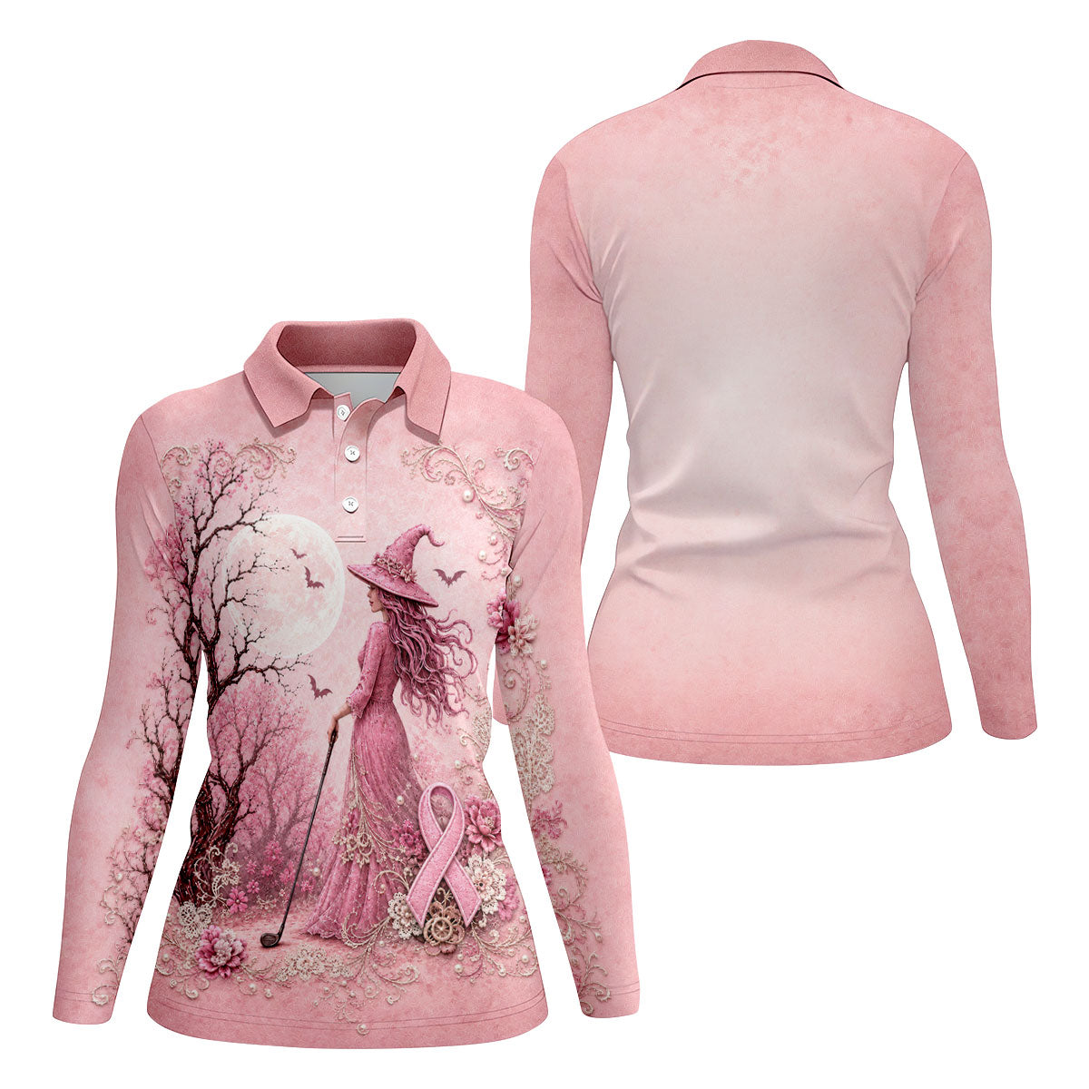 Breast Cancer Awareness Pink Witch Moon Women’s Golf Polo, Golf Shirts For Women