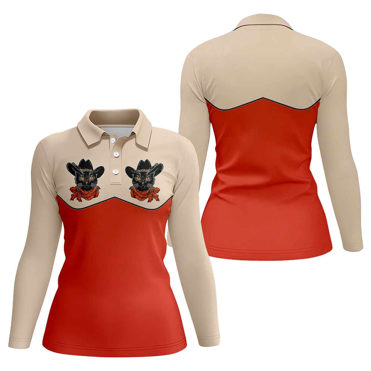 Red Western Cowboy Black Cat Golf Polo Shirt, Women's Golf Polo, Ladies Golf Shirts