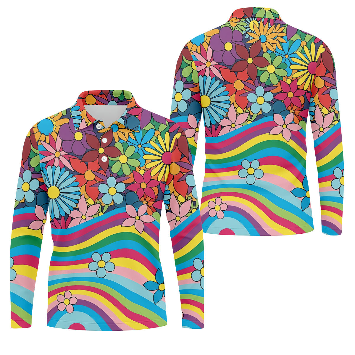 Retro Rainbow Floral Hippie Hawaiian Golf Shirt, Golf Polo Shirts For Men, Mens Golf Apparel