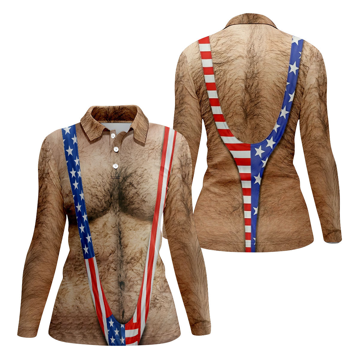 Hairy Body Funny Print Patriotic Golf Shirt, 250th Anniversary 4th Of July Golf Shirt For Women