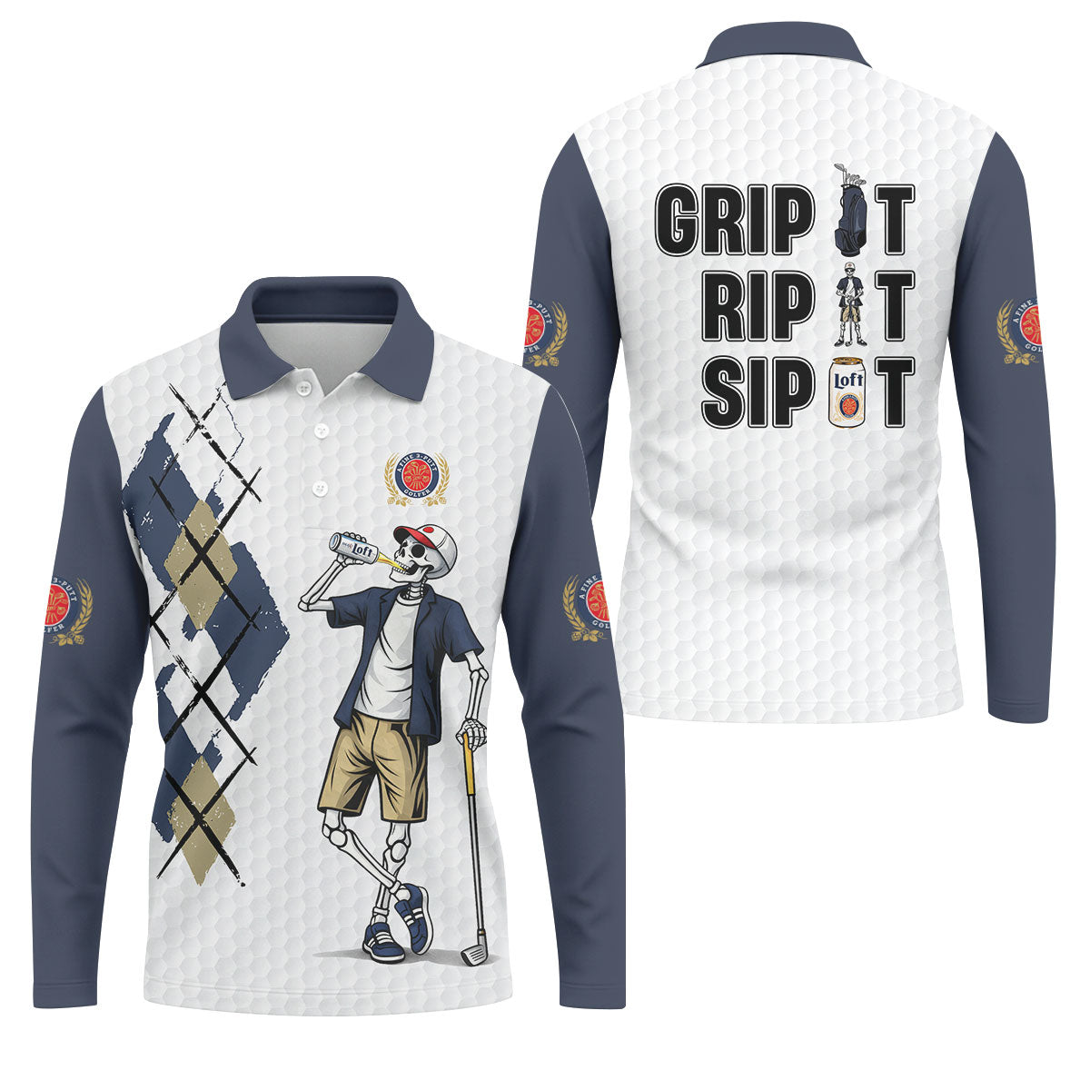 Funny Skeleton Golfer Drinking Beer Polo Shirt, Mens Golf Polo, Golf Apparel For Men