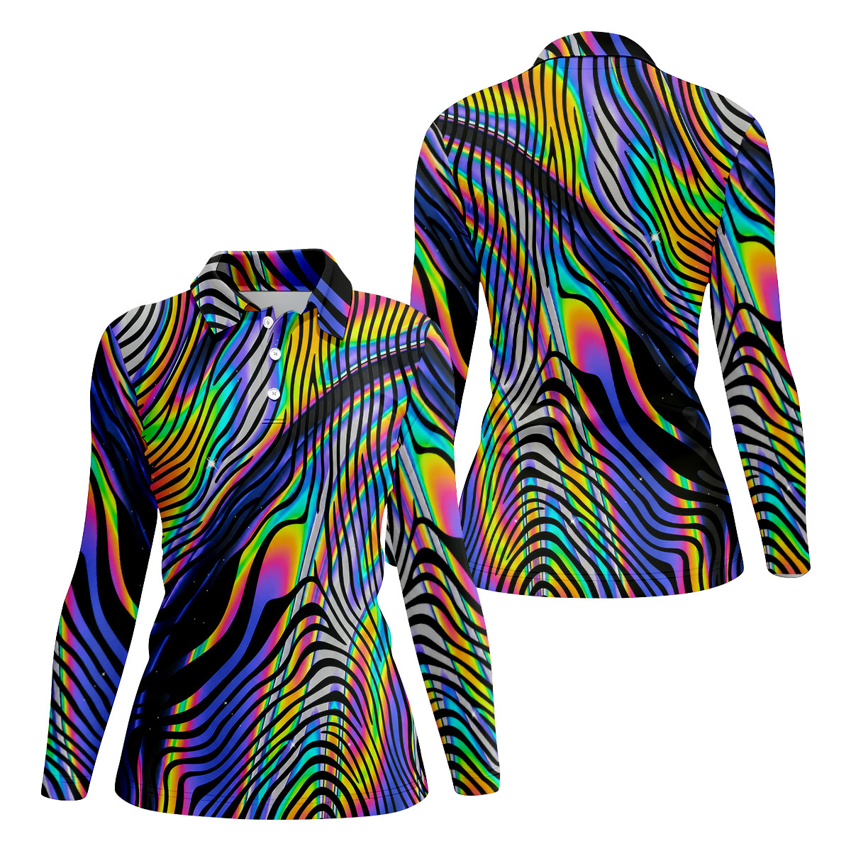 Rainbow Neon LGBT Support Zebra Pattern Ladies Golf Tops, Pride Month Golf Shirt For Women
