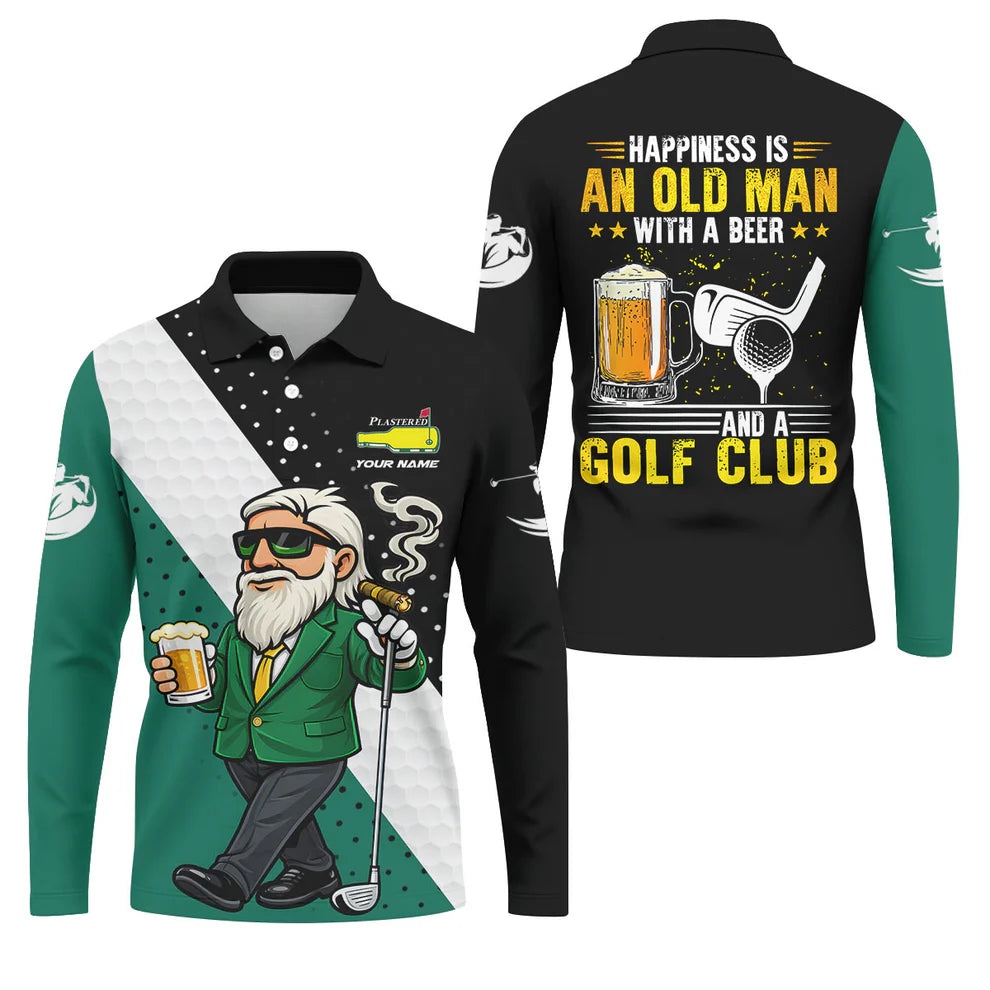 Happiness Is An Old Man With A Beer Plastered Beer Bottle Logo Golf Tops For Men, Golf And Beer Fun Golf Shirt