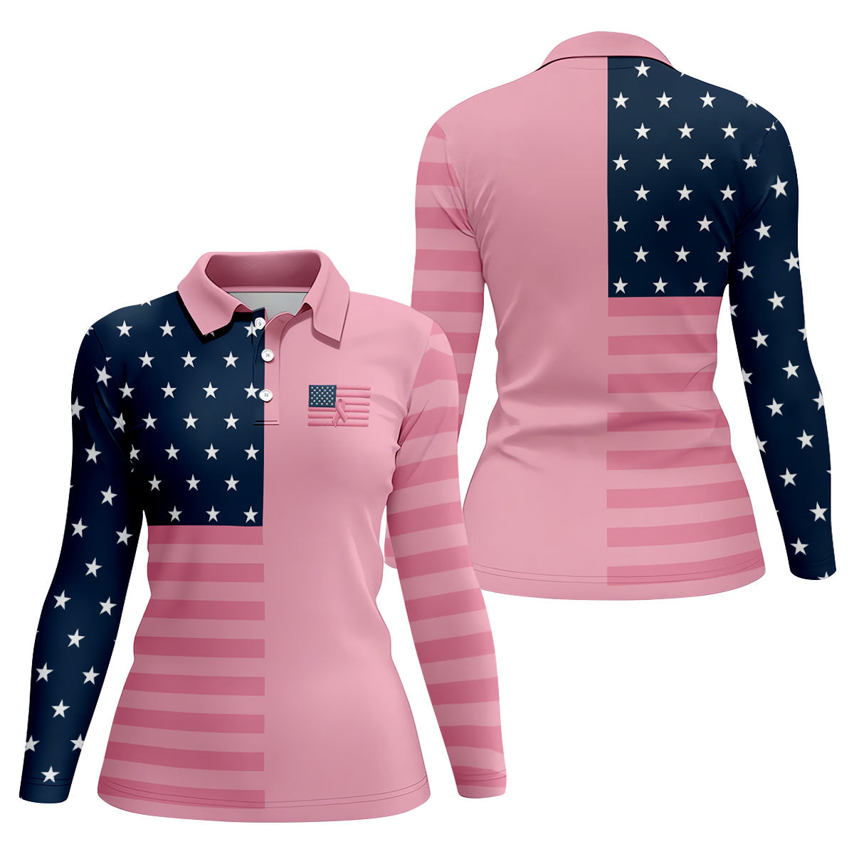 Printed Pink USA Flag Breast Cancer Polo Shirt, Golf Tops For Women, Printed Golf Shirt