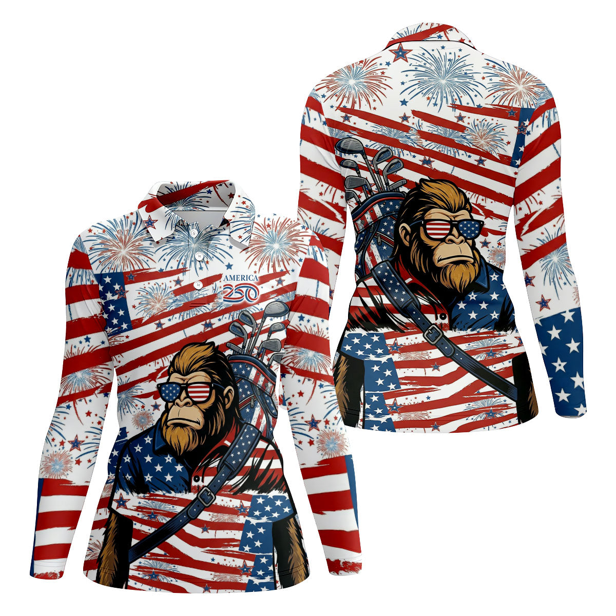 Red White Blue Stars And Stripes 250 Years Bigfoot Golf Shirt, Patriotic 4th Of July Golf Shirt For Women