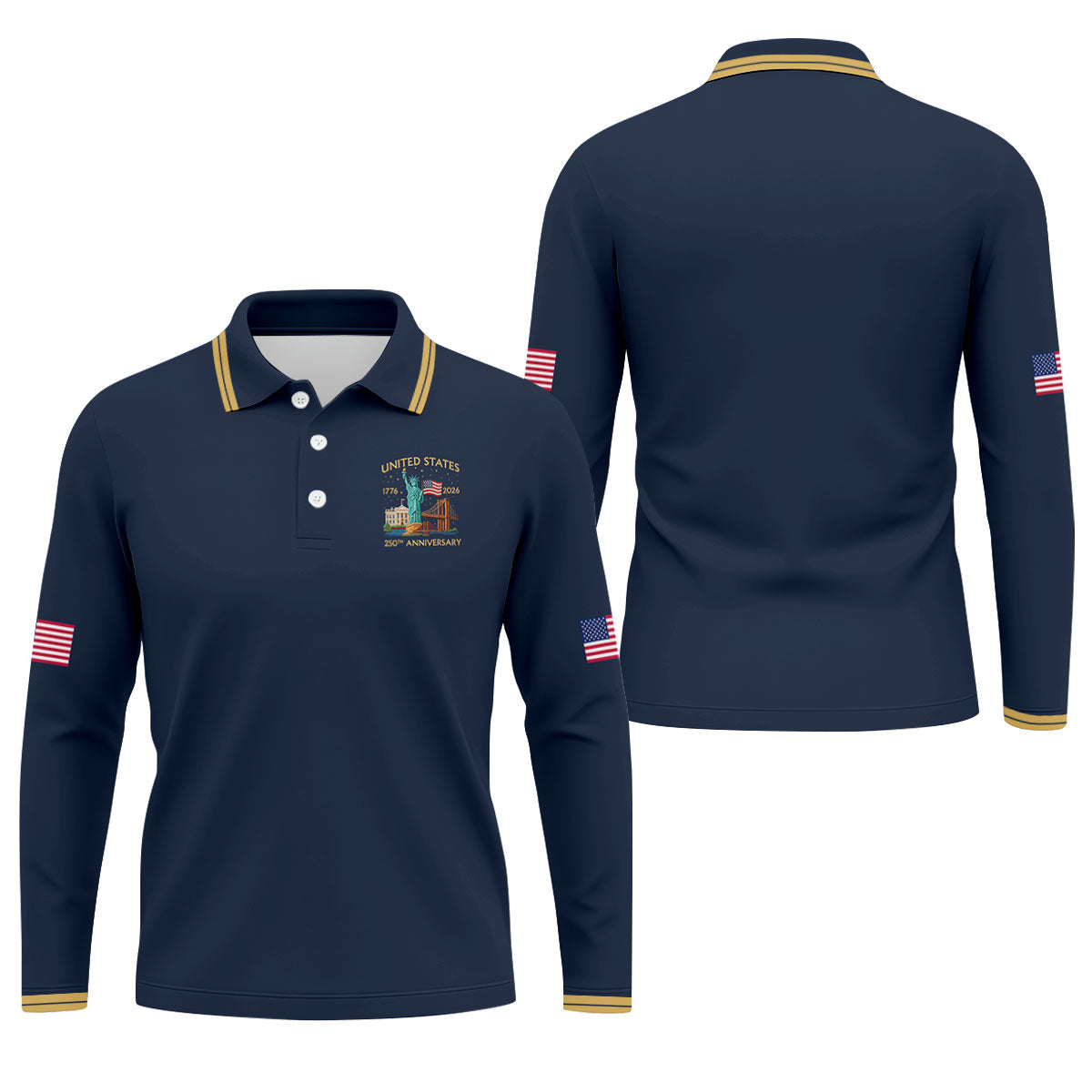 American Symbols Navy Patriotic Golf Shirt, US 250 Years 4th Of July Golf Shirts For Men
