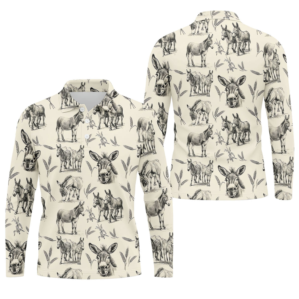 Vintage Donkey Sketch Pattern Hawaiian Golf Polo Shirt, Hawaiian Golf Shirt, Golf Shirts For Men