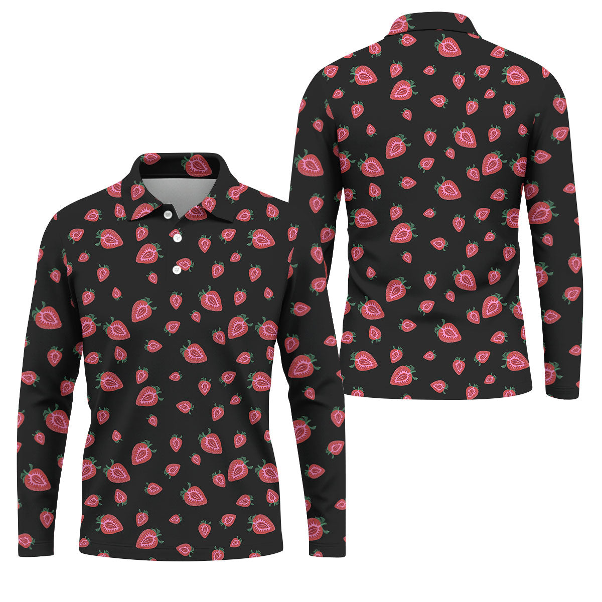Strawberry Slice Black Golf Shirt, Men's Golf Shirt, Hawaiian Golf Shirt, Golf Shirts For Men