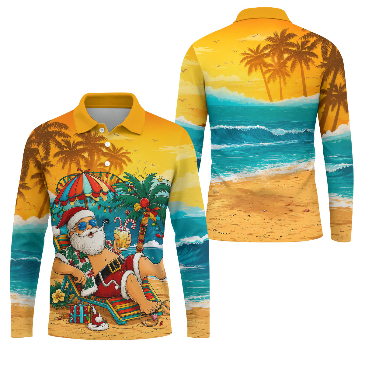 Beach Chair Santa Christmas Golf Shirt, Men's Golf Shirt, Hawaiian Golf Shirt, Printed Golf Shirts