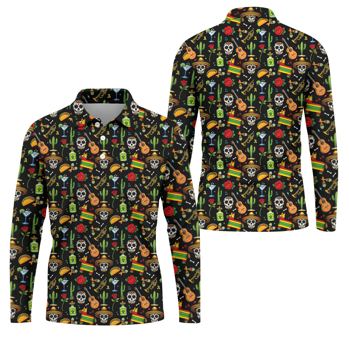 Decorated Skulls Party Items Cinco De Mayo Celebration Fiesta Themed Black Golf Shirts For Men