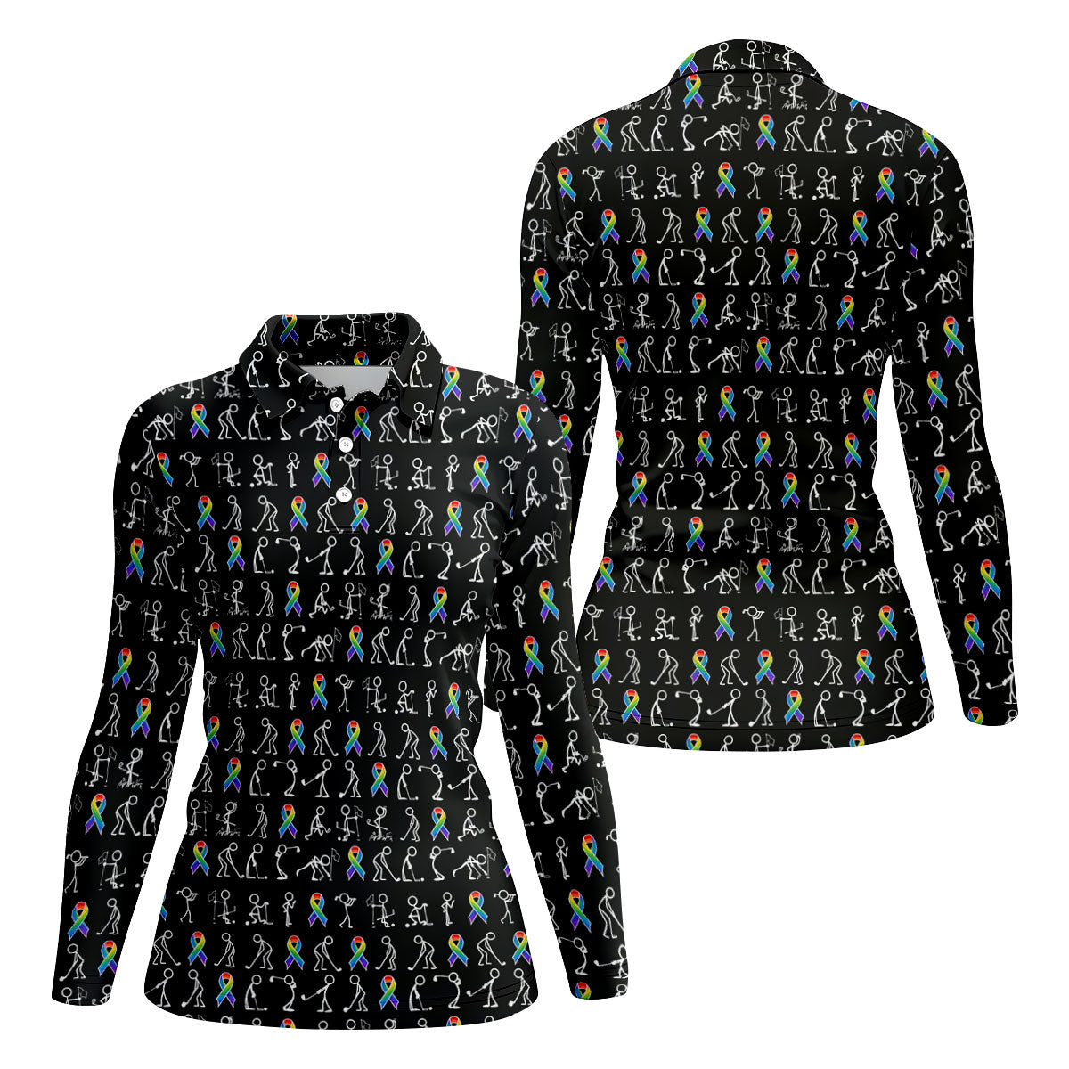 Rainbow Cancer Ribbon Stick Figure Golf Pattern Shirt, Women’s Golf Polo, Ladies Golf Tops