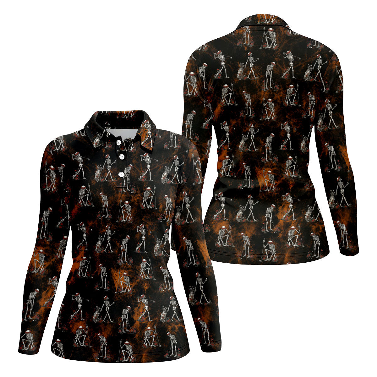 Skeleton Golfer Floral Halloween Polo Shirt, Hawaiian Golf Shirt, Ladies Golf Tops
