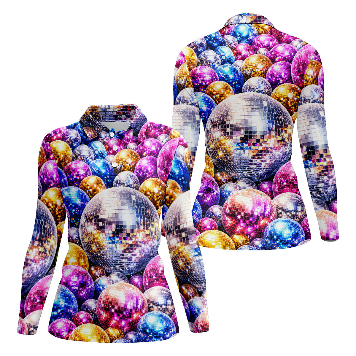 Colorful Disco Ball Party Pattern Polo Shirt, Womens Golf Tops, Golf Shirts For Women