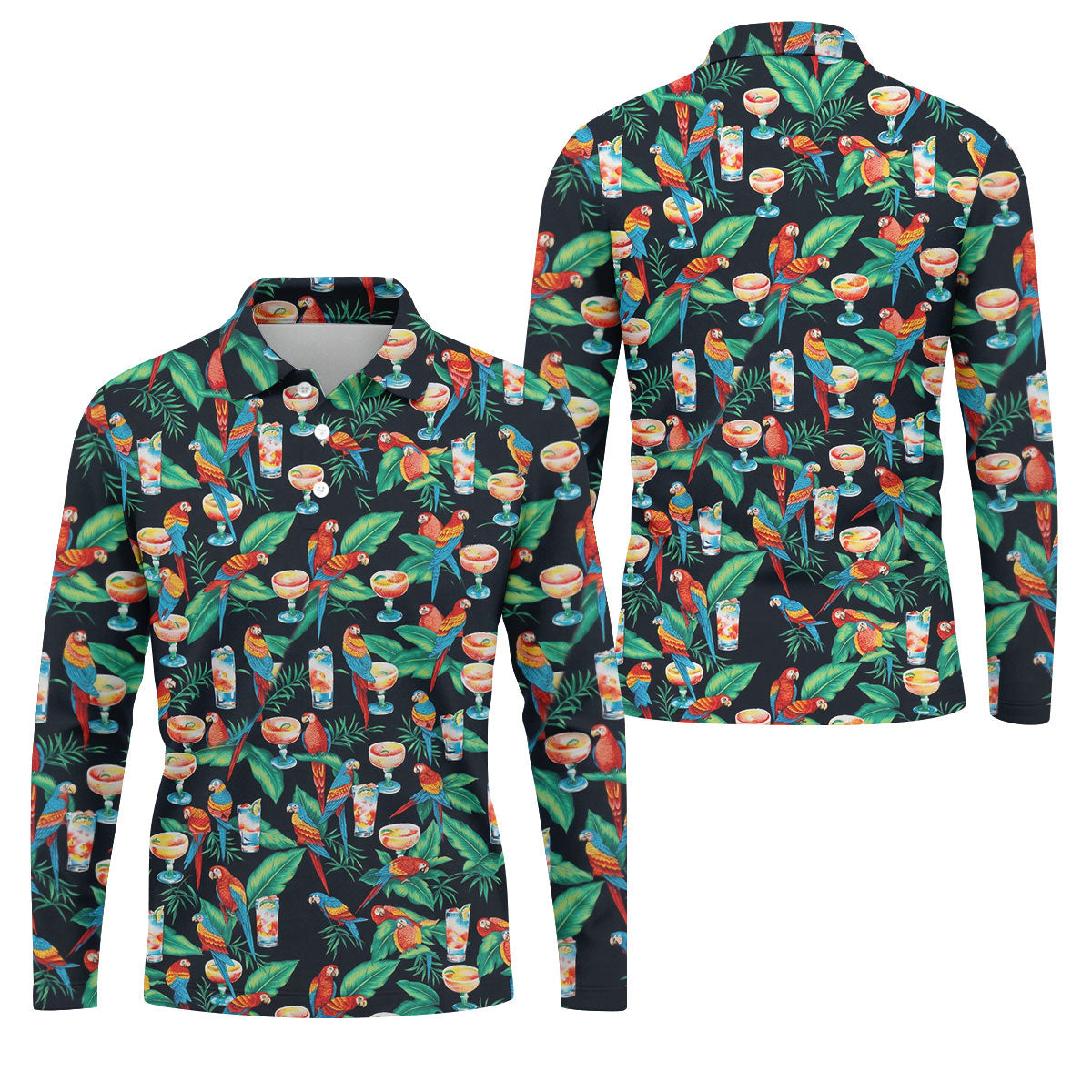 Colorful Parrots Margaritas Cinco De Mayo Celebration Fiesta Themed Tropical Pattern Golf Shirts For Men