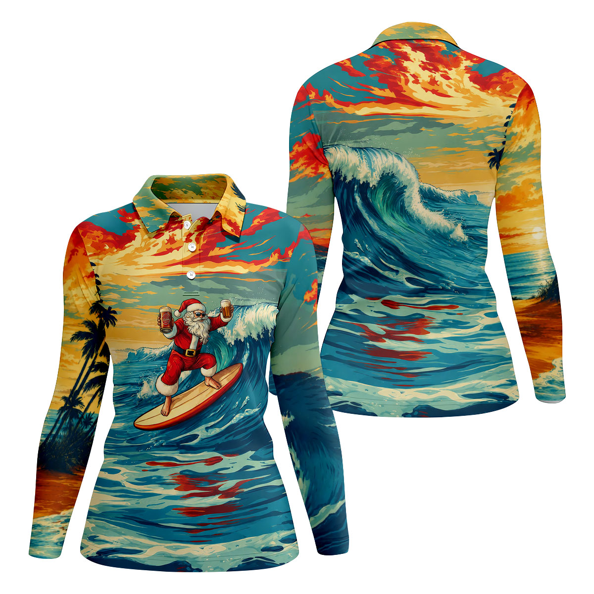 Tropical Surfing Santa Sunset Christmas Golf Shirt, Women's Golf Tops, Hawaiian Golf Shirt