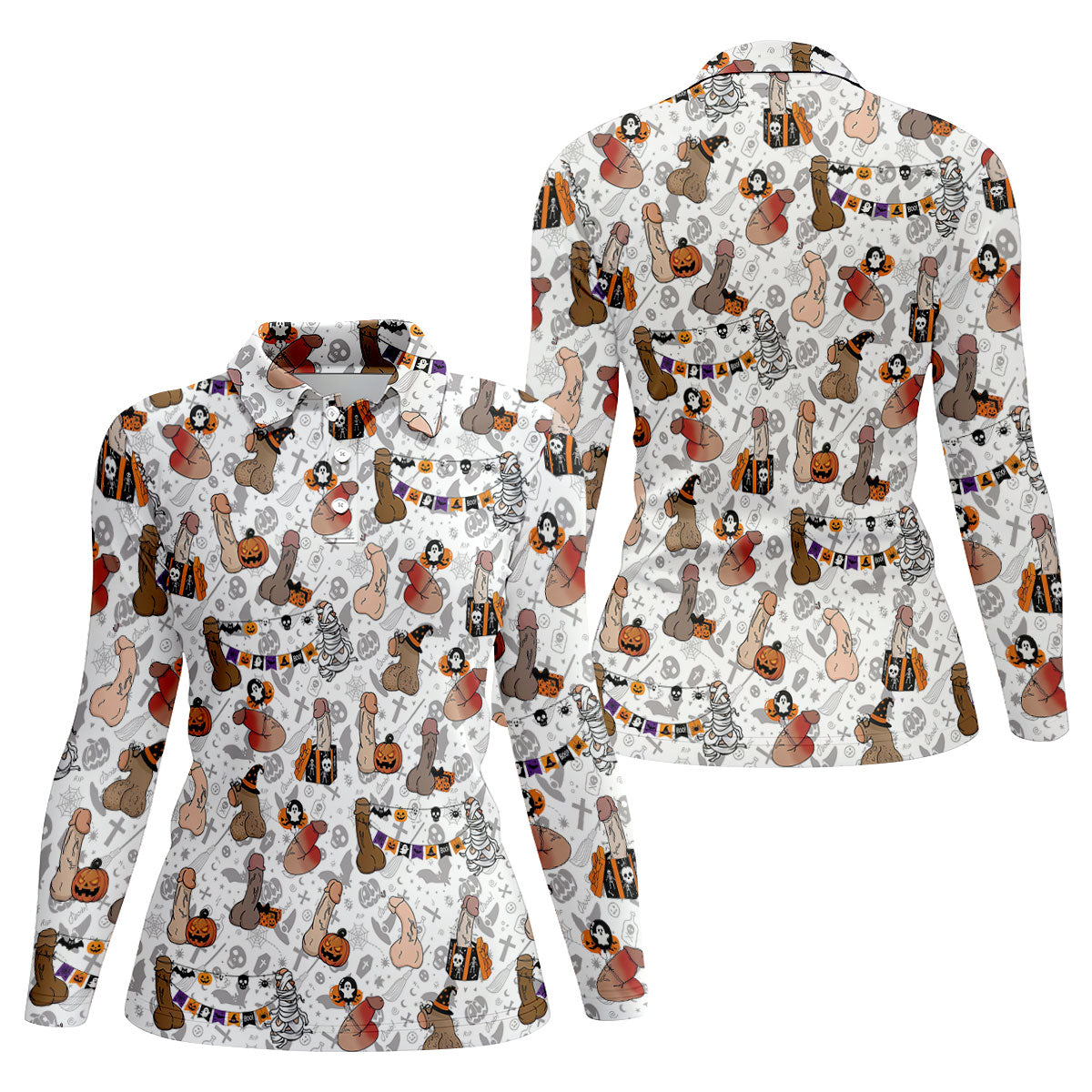 Funny Adult Halloween Pattern Hawaiian Polo Shirt, Women's Golf Tops, Women’s Golf Apparel