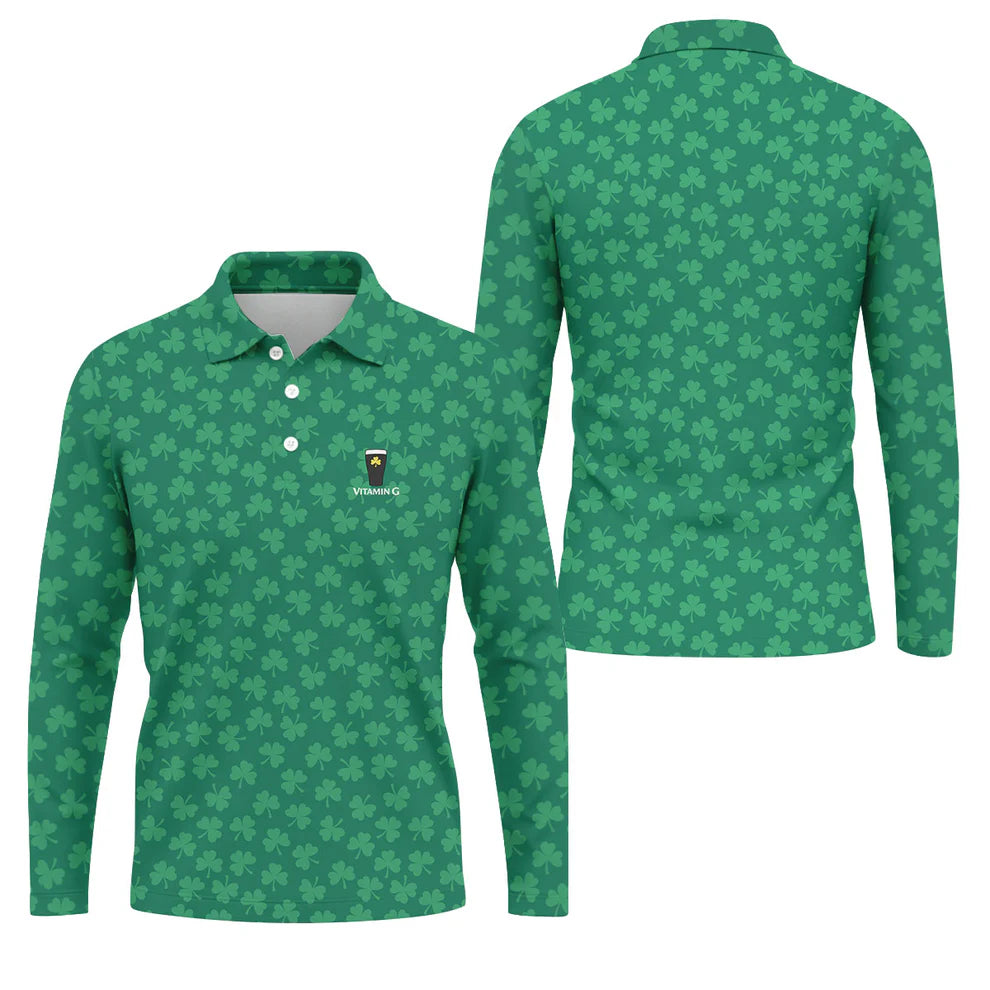 Vitamin G Shamrock Pattern Golf And Beer Green Golf Shirt, St Patrick's Day Golf Shirt, Polo Shirts For Men