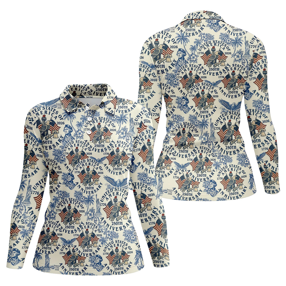 USA 250th Anniversary Toile De Jouy Hawaiian Golf Shirt, Patriotic 4th Of July Golf Shirt For Women