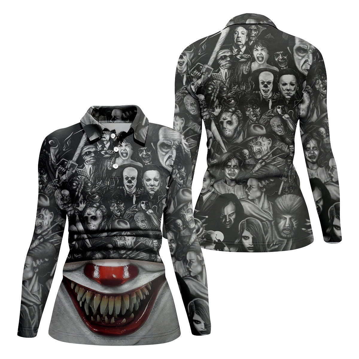 Sharp Teeth Clown Horror Character Halloween Polo Shirt, Womens Golf Tops, Ladies Golf Top