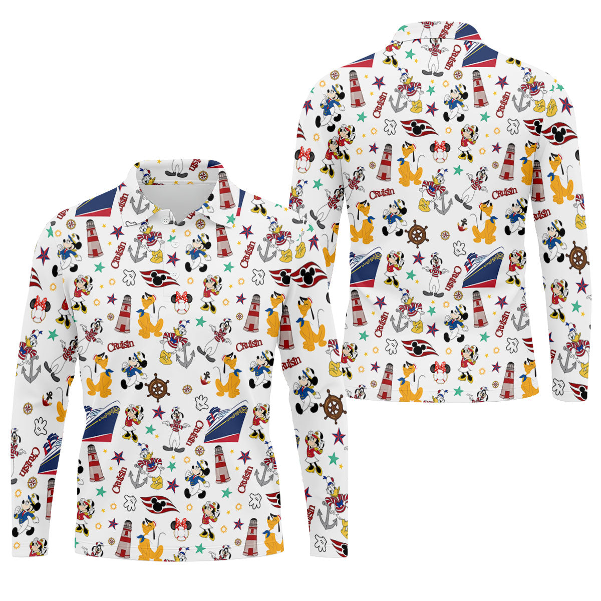 Cartoon Cruise Vacation Pattern Golf Polo Shirt, Hawaiian Golf Shirt, Golf Polo Shirts For Men