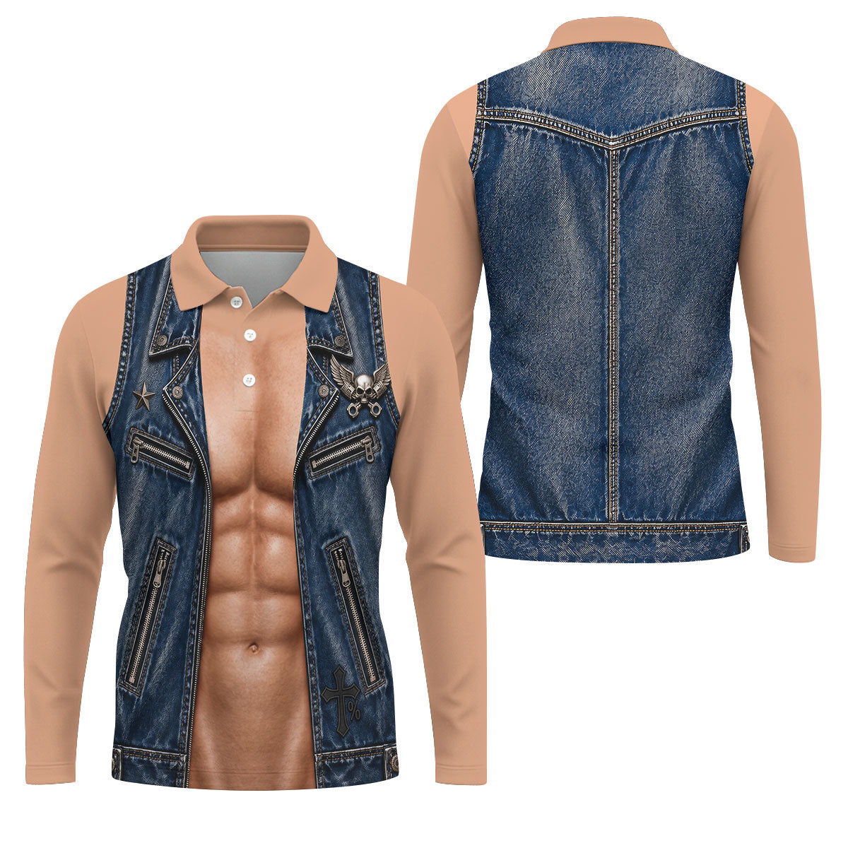 Blue Denim Vest Illusion Golf Polo Shirt, Golf Shirts For Men, Mens Golf Apparel