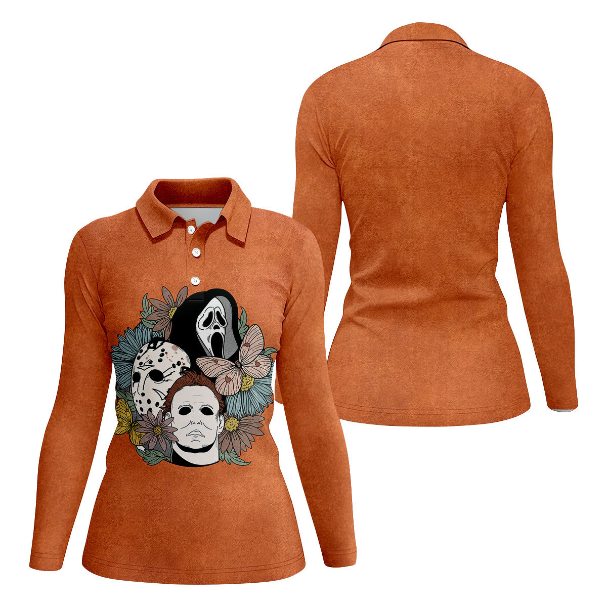 Floral Horror Mask Trio Halloween Golf Polo Shirt, Golf Tops For Women, Printed Golf Shirt