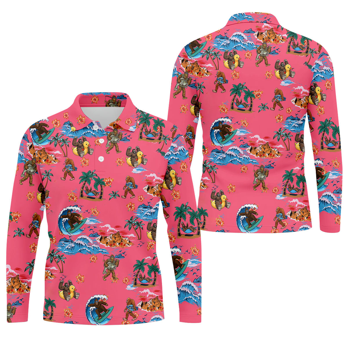Pink Tropical Bigfoot Hawaiian Golf Polo Shirt, Men's Golf Shirt, Golf Polo Shirts For Men