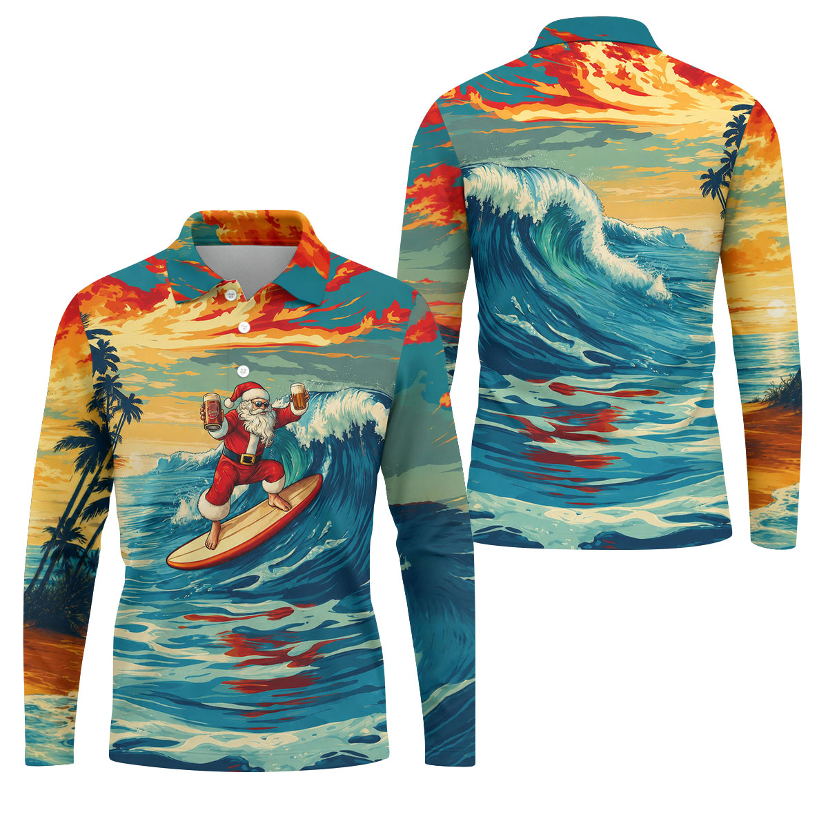 Tropical Surfing Santa Sunset Christmas Golf Shirt, Men's Golf Shirt, Hawaiian Golf Shirt