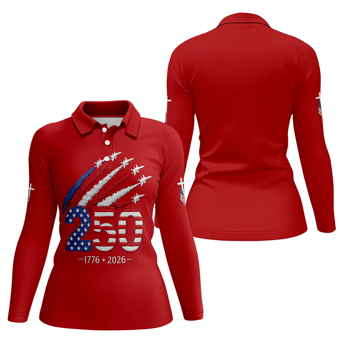 Flying Fighter Jets Faith Cross Patriotic 4th Of July Red Golf Shirt, 250 Years Golf Shirt For Women