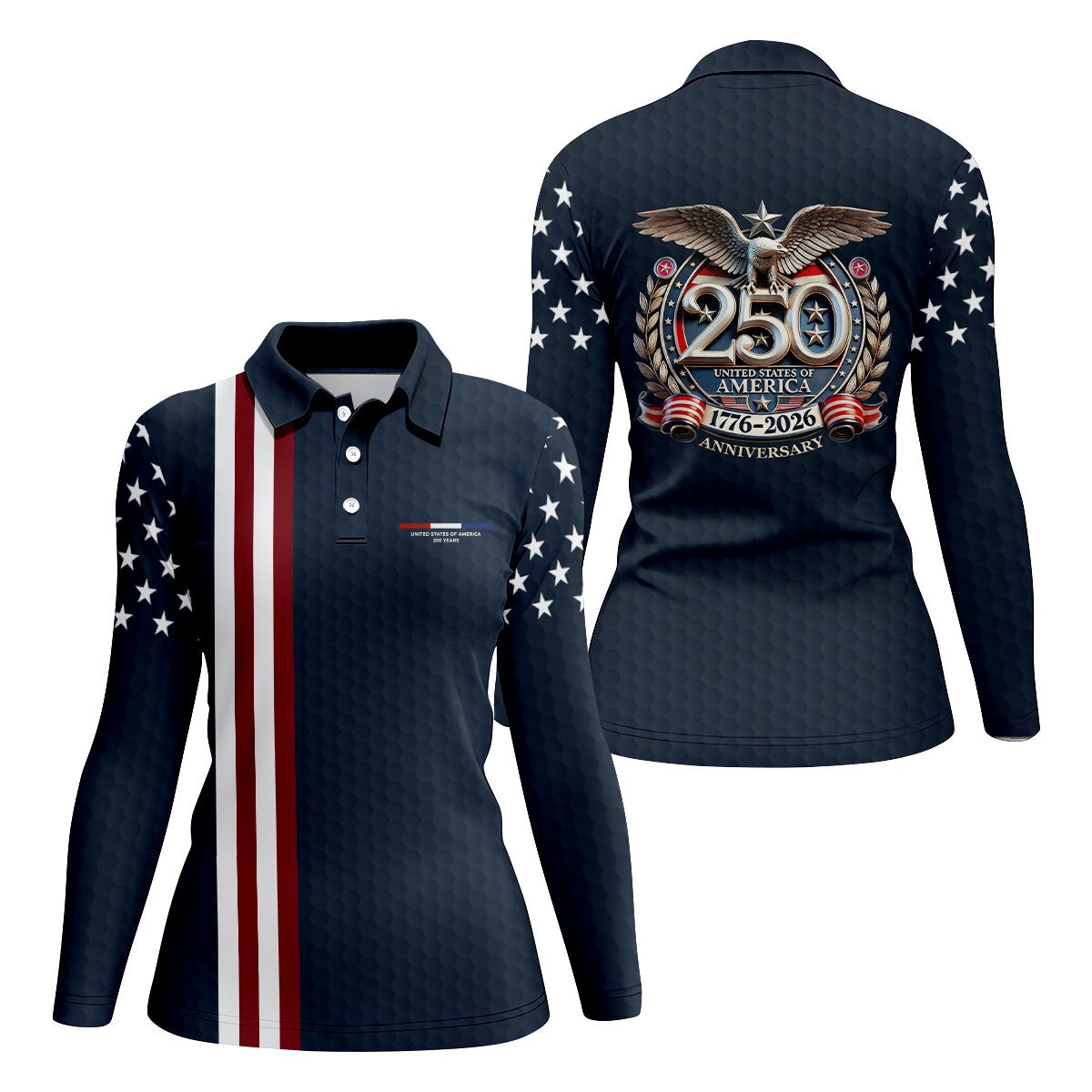 250 Years US Bald Eagle Golf Ball Pattern Golf Shirt, Patriotic 4th Of July Golf Shirt For Women
