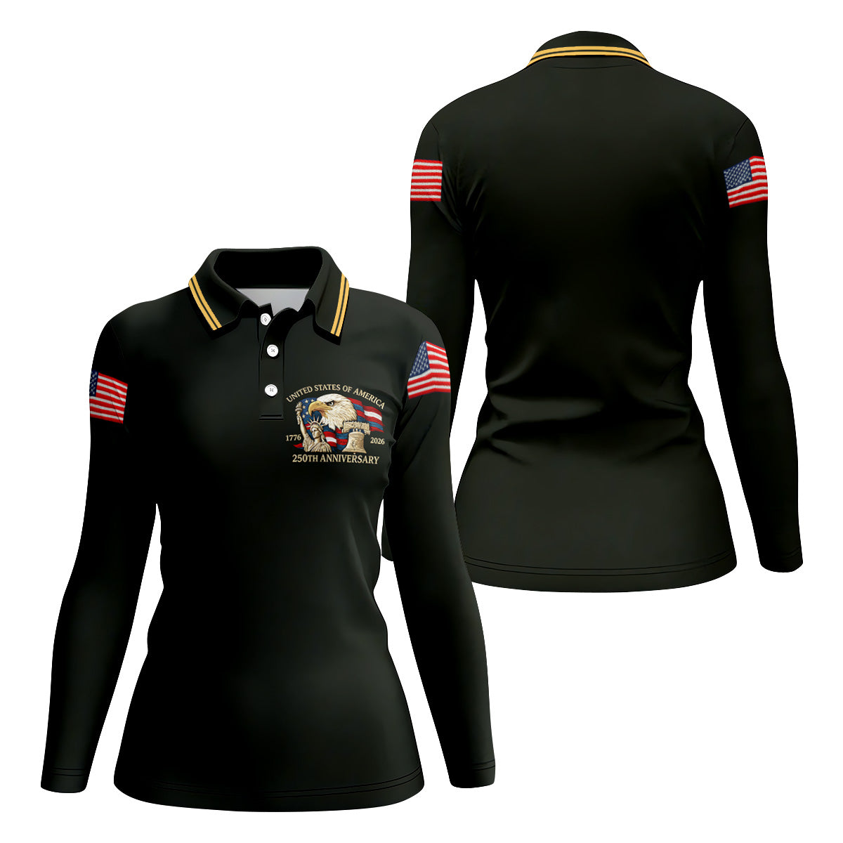 Bald Eagle American Flag 250 Years Black Golf Shirt, Patriotic 4th Of July Golf Shirt For Women