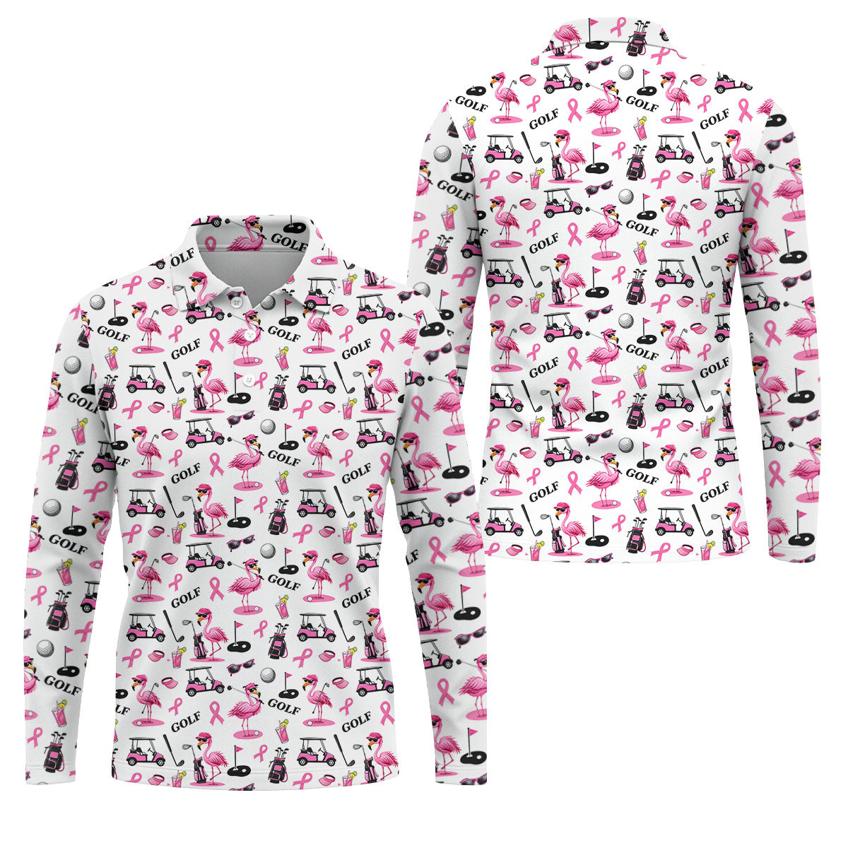 Pink Flamingo Golf Breast Cancer Polo Shirt, Golf Shirts For Men, Mens Golf Apparel