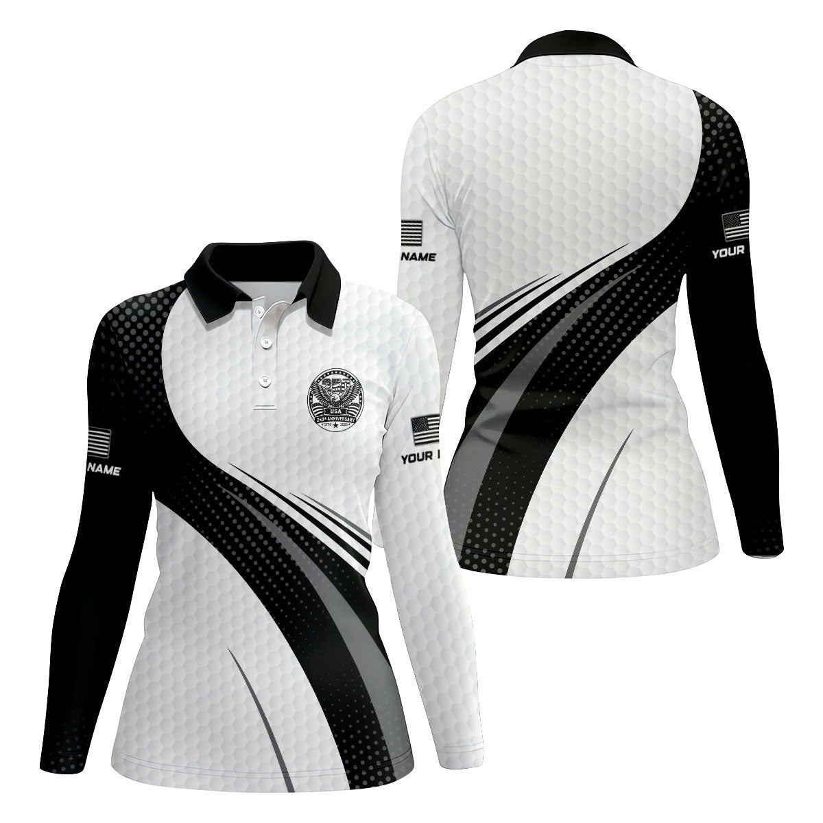 USA 250th Anniversary Black And White Golf Ball Pattern Ladies Golf Tops, Patriotic Golf Shirt For Women