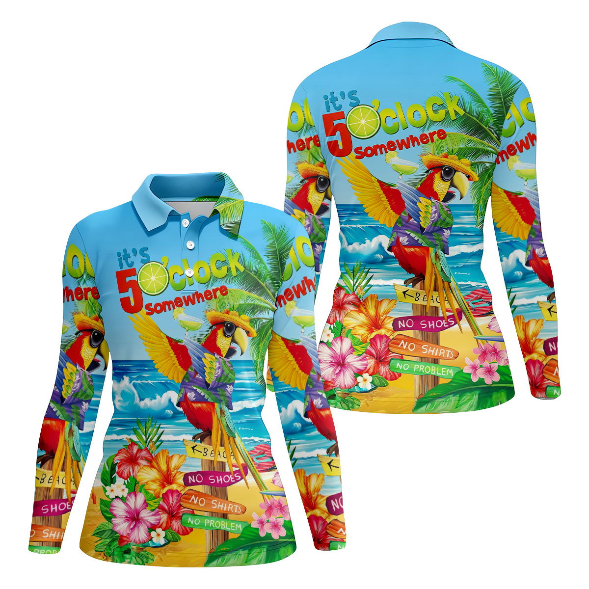 It's 5 O'Clock Somewhere Tropical Parrot Hawaiian Golf Shirt, Women's Golf Tops