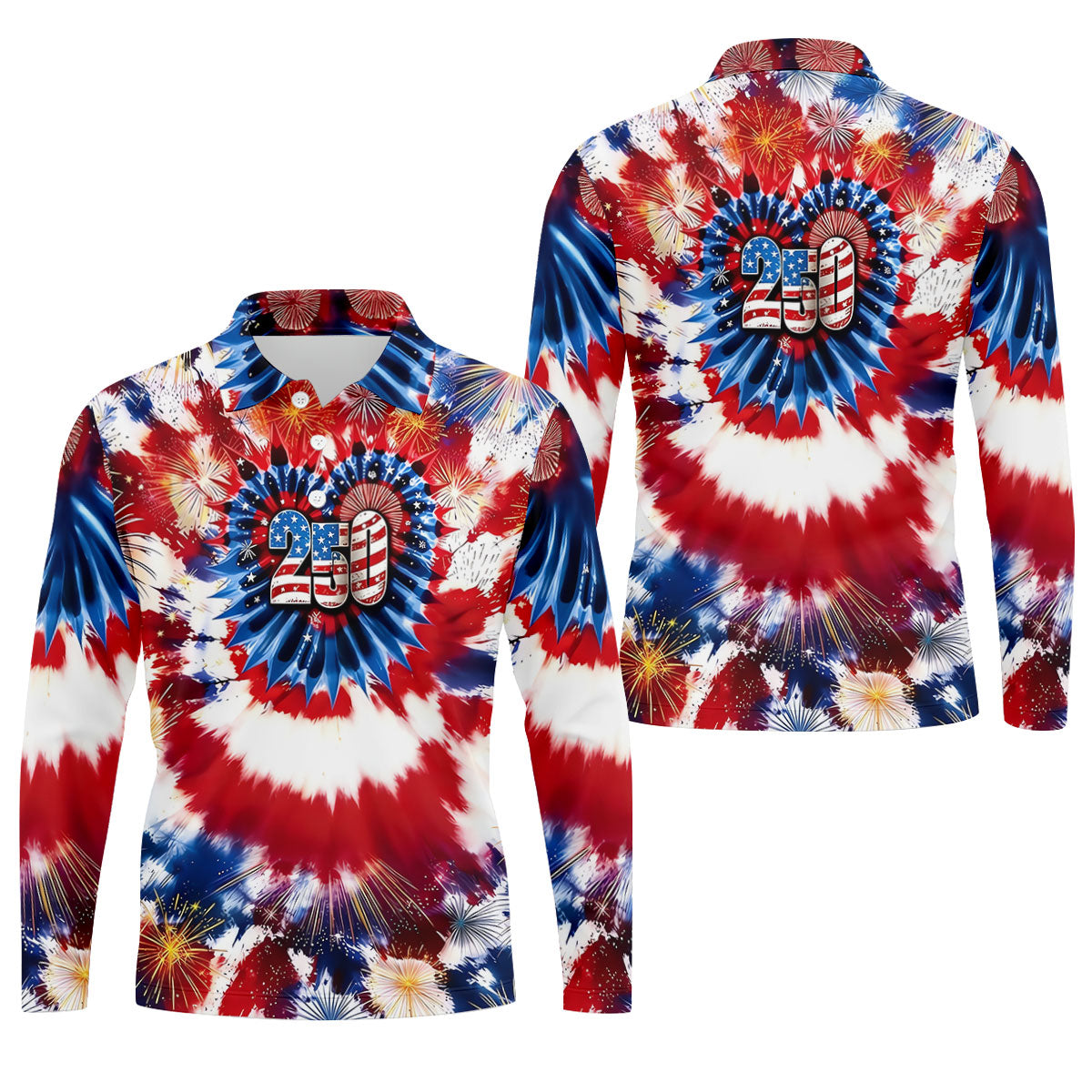 250 Years Red White Blue Tie Dye Print Patriotic Golf Shirt, 4th Of July Golf Shirts For Men