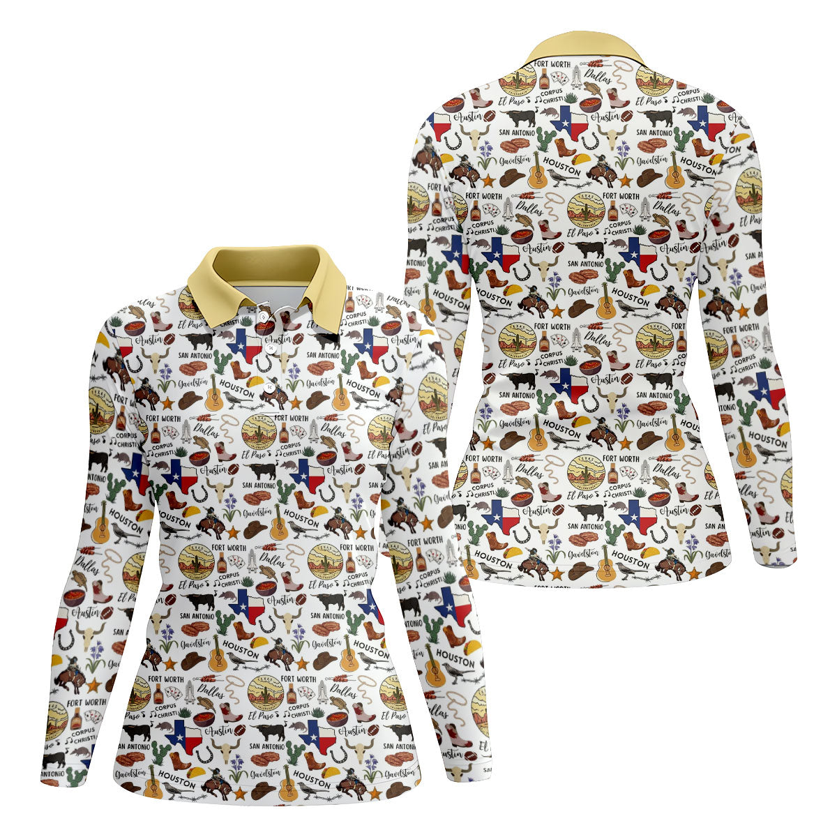 Texas Symbols Western Theme Doodle Style Women Golf Top, Ladies Golf Shirts, Golf Shirt For Women