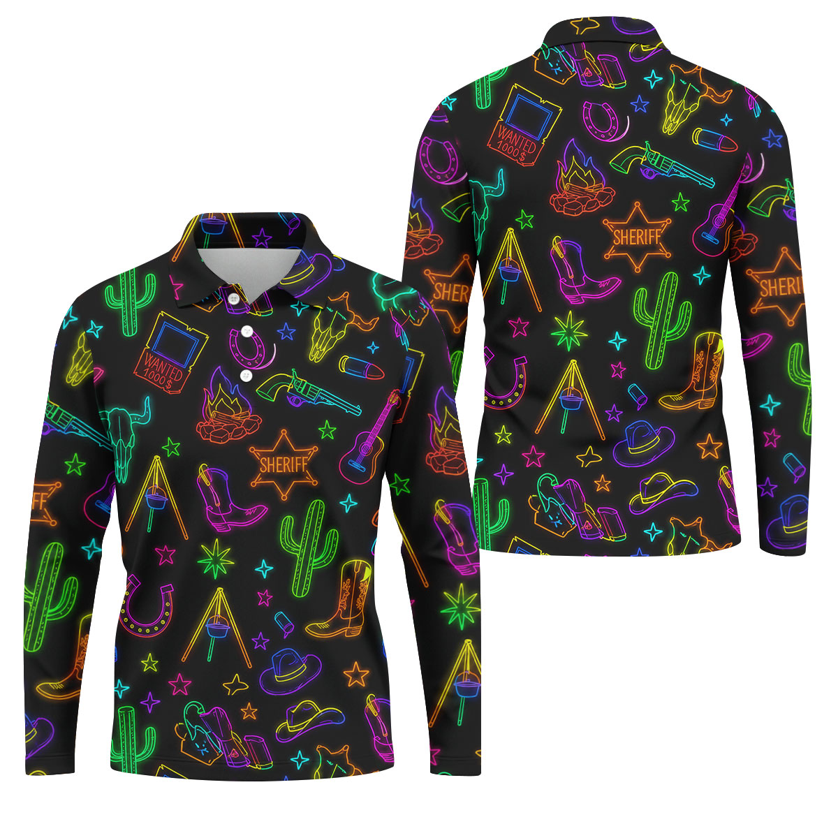Neon Western Cowboy Pattern Golf Polo Shirt, Men's Golf Polo, Hawaiian Golf Shirt